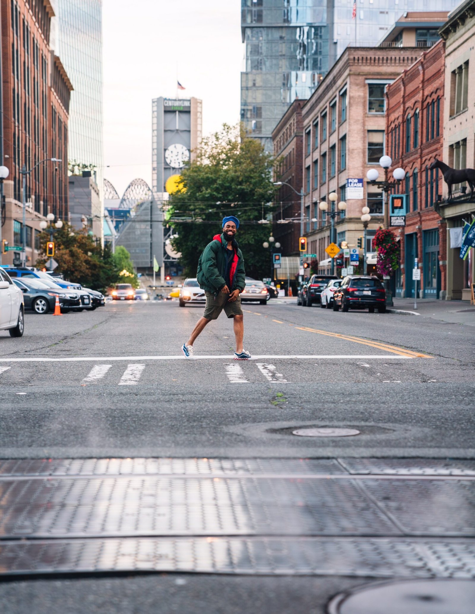 Patrick walking downtown